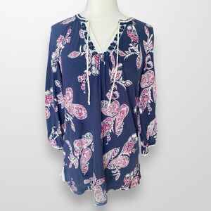 Lucky Brand‎ Womens Size XL Top Shirt Tunic Lightweight 3/4 Sleeve Crochet Trim